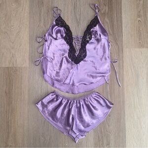 Frederick’s of Hollywood Purple & Black Satin Matching Pajama Set - Size Small